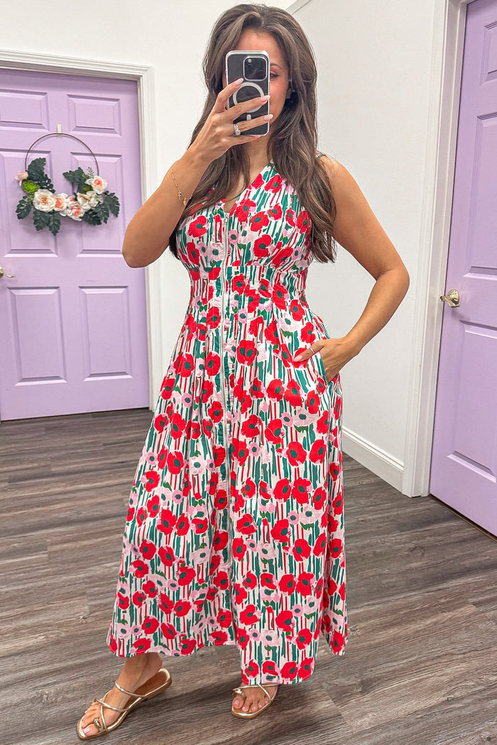 red pink and green floral print sleeveless midi dress with side pockets
