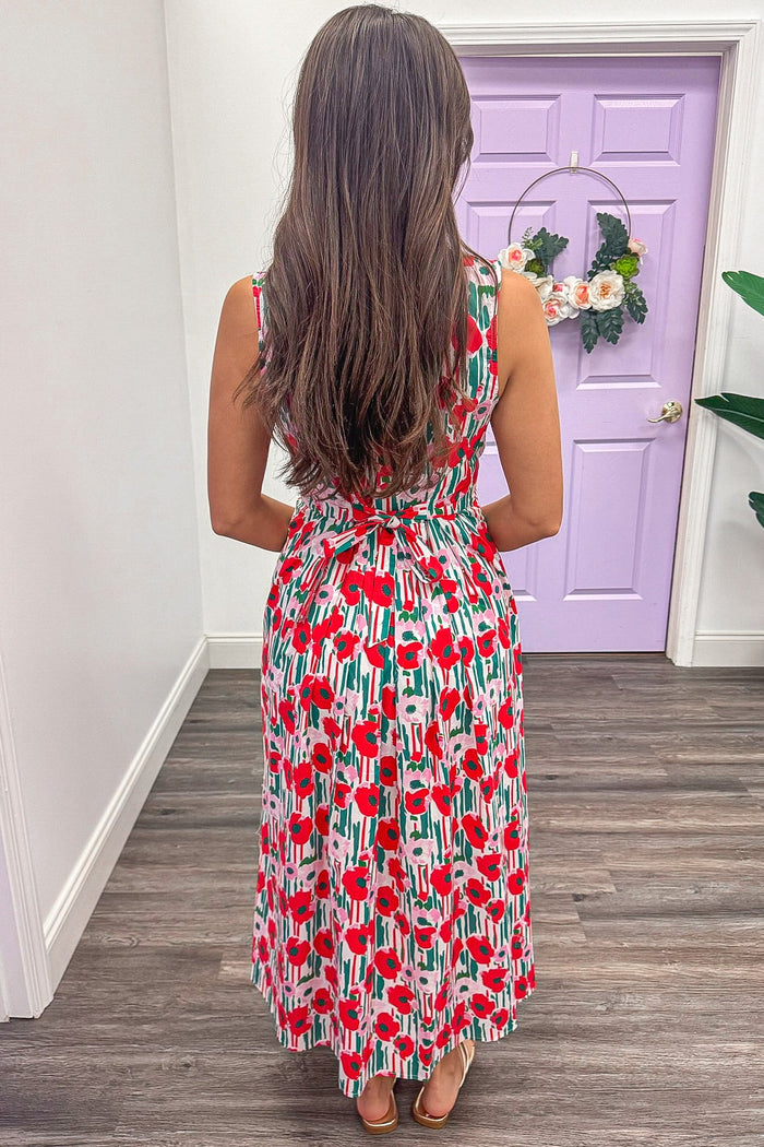 red pink and green floral print self tie back sash midi dress