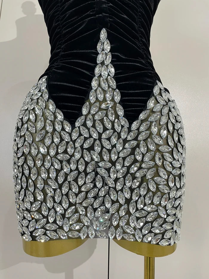 Tamar black velvet short dress with sparkly diamonds and mesh overlay for women’s evening, birthday, or stage events.