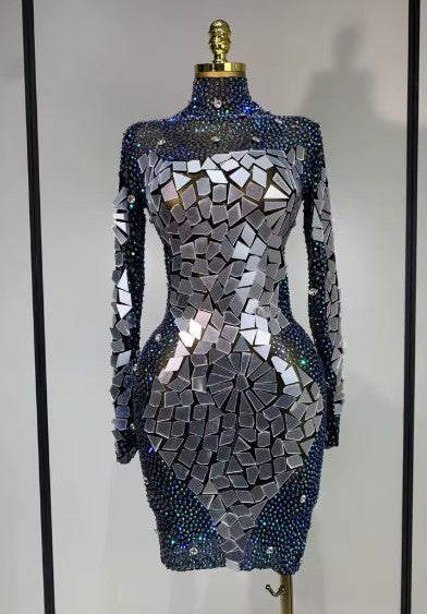 Tamara long sleeve sparkly rhinestone mesh bodycon mini dress with mirror details for evening parties, birthdays, or club events.