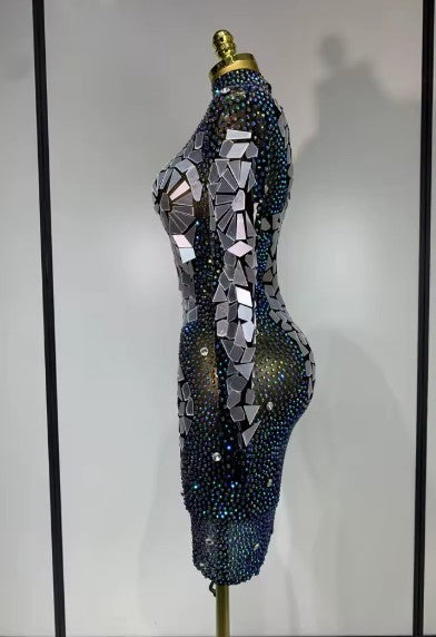 Tamara long sleeve sparkly rhinestone mesh bodycon mini dress with mirror details for evening parties, birthdays, or club events.