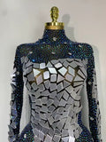 Tamara long sleeve sparkly rhinestone mesh bodycon mini dress with mirror details for evening parties, birthdays, or club events.