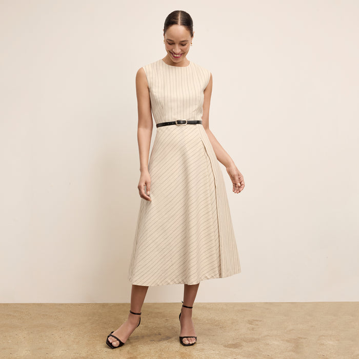 front image of a woman wearing the tati dress in linen stripe | Lead