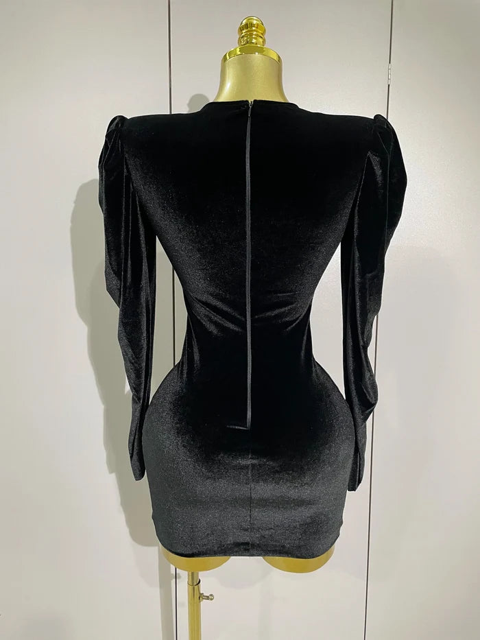 Taye black velvet short dress with sparkling crystals and mesh overlay for women’s evening, prom, or birthday parties.