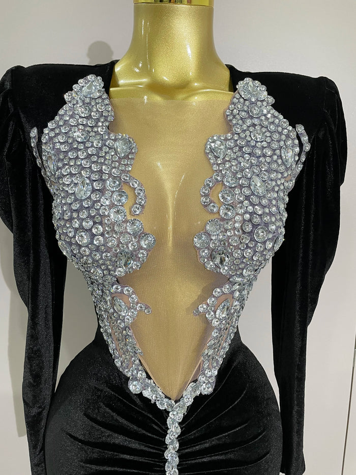 Taye black velvet short dress with sparkling crystals and mesh overlay for women’s evening, prom, or birthday parties.