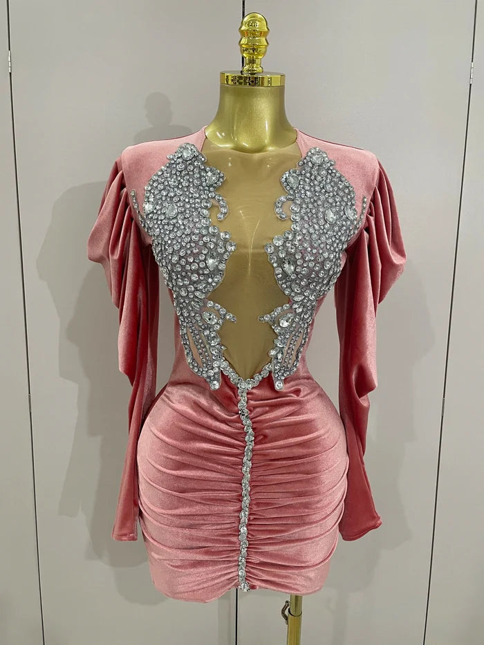 Taye black velvet short dress with sparkling crystals and mesh overlay for women’s evening, prom, or birthday parties.