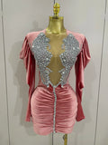 Taye black velvet short dress with sparkling crystals and mesh overlay for women’s evening, prom, or birthday parties.