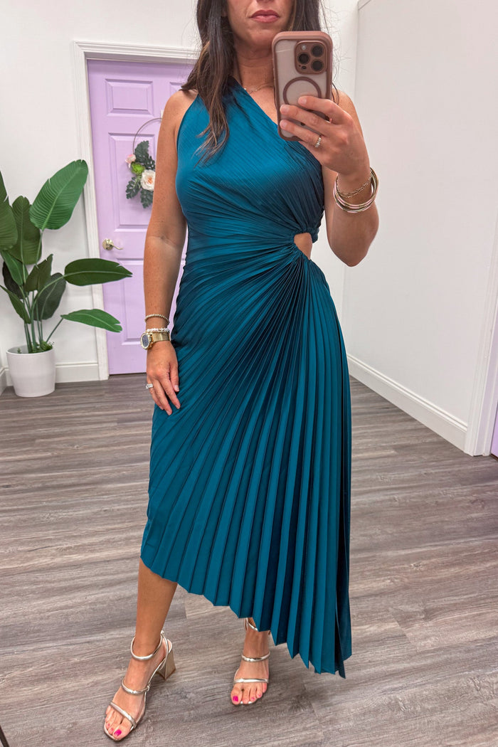 teal pleated sleeveless one shoulder asymmetrical hem satin maxi dress