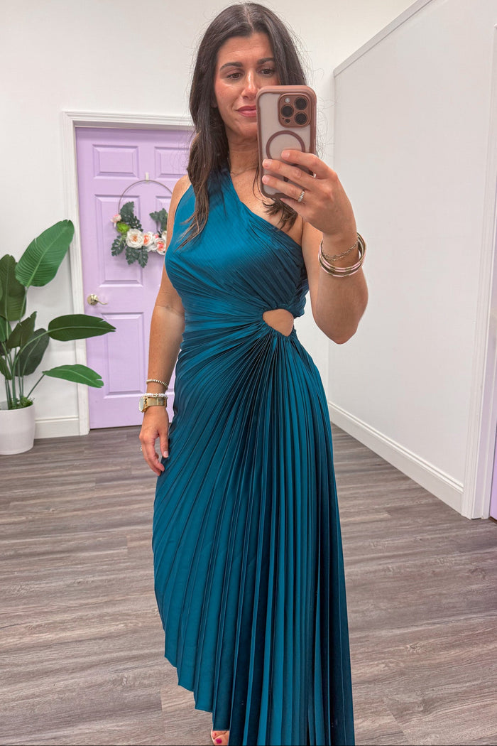 teal pleated one shoulder asymmetrical hem satin maxi dress with keyhole cut-out at waist