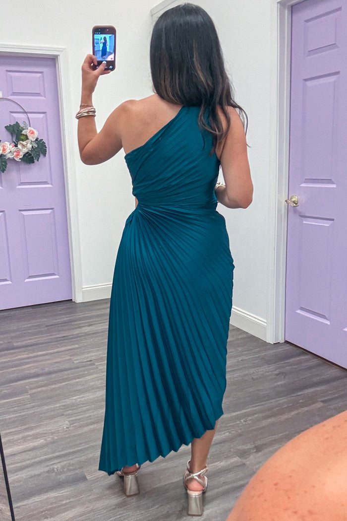 solid teal pleated one shoulder asymmetrical hem satin maxi dress