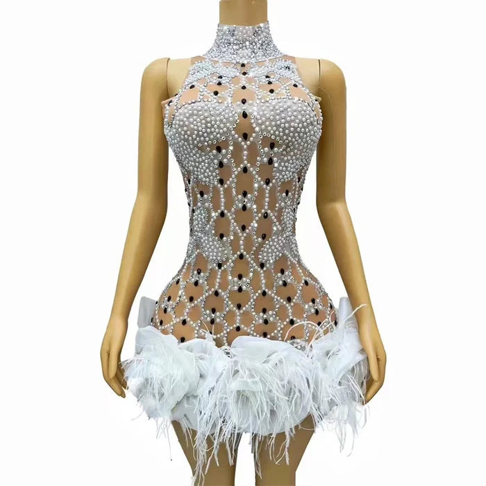 Teyana handmade shining rhinestone pearl feather lace prom gown for women.