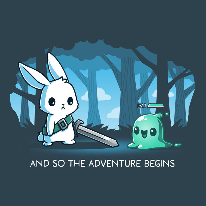 Premium Cotton T-shirt_TeeTurtle The Adventure Begins denim blue t-shirt featuring a cartoon rabbit brandishing a sword facing a small green slime creature labeled 'LV.1' in a forest. The text below reads, "AND SO THE ADVENTURE BEGINS."
