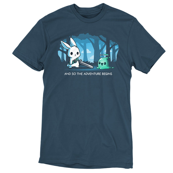 Premium Cotton T-shirt_TeeTurtle The Adventure Begins denim blue t-shirt featuring a cartoon rabbit brandishing a sword facing a small green slime creature labeled 'LV.1' in a forest. The text below reads, "AND SO THE ADVENTURE BEGINS."