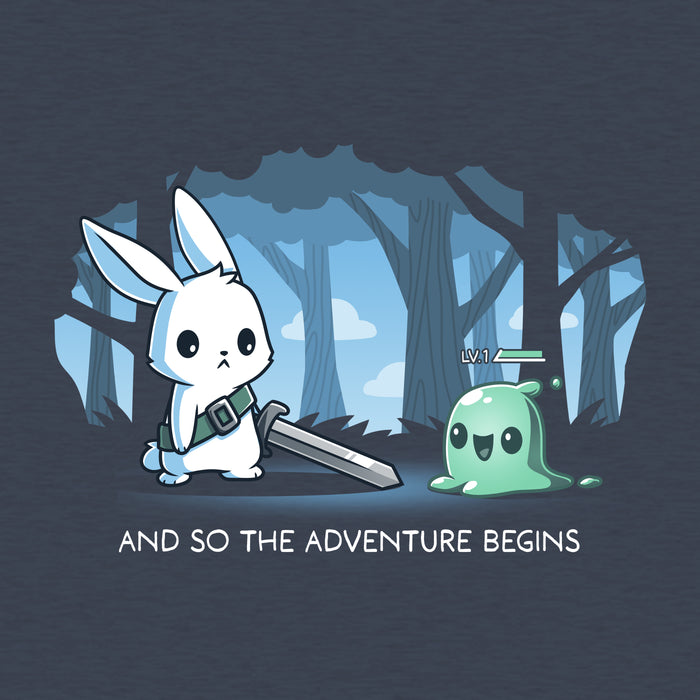 Classic Cotton T-shirt_TeeTurtle The Adventure Begins heather navy t-shirt featuring a cartoon rabbit brandishing a sword facing a small green slime creature labeled 'LV.1' in a forest. The text below reads, "AND SO THE ADVENTURE BEGINS."