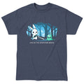 Classic Cotton T-shirt_TeeTurtle The Adventure Begins heather navy t-shirt featuring a cartoon rabbit brandishing a sword facing a small green slime creature labeled 'LV.1' in a forest. The text below reads, "AND SO THE ADVENTURE BEGINS."