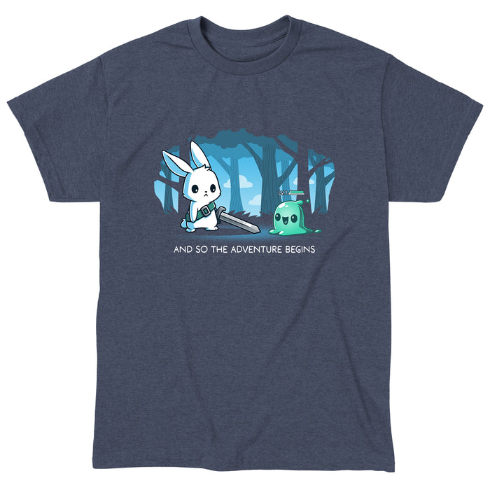 Classic Cotton T-shirt_TeeTurtle The Adventure Begins heather navy t-shirt featuring a cartoon rabbit brandishing a sword facing a small green slime creature labeled 'LV.1' in a forest. The text below reads, "AND SO THE ADVENTURE BEGINS."