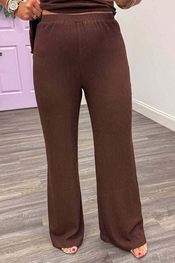 chocolate brown elastic waistband comfy wide leg pants