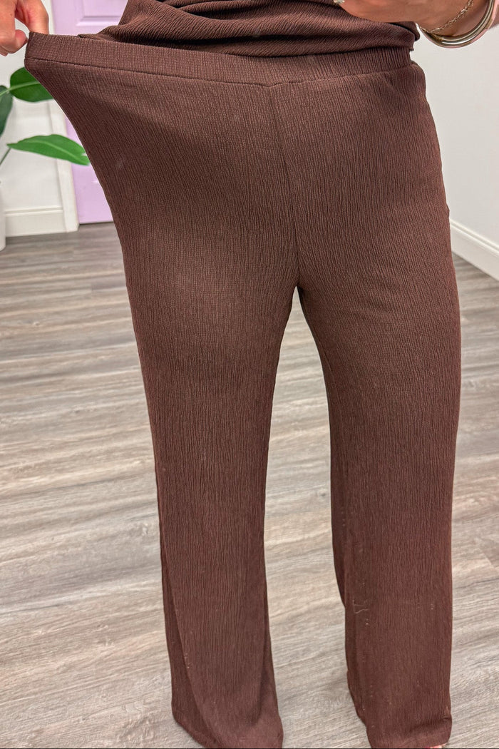 chocolate brown stretch elastic waistband wide leg pants