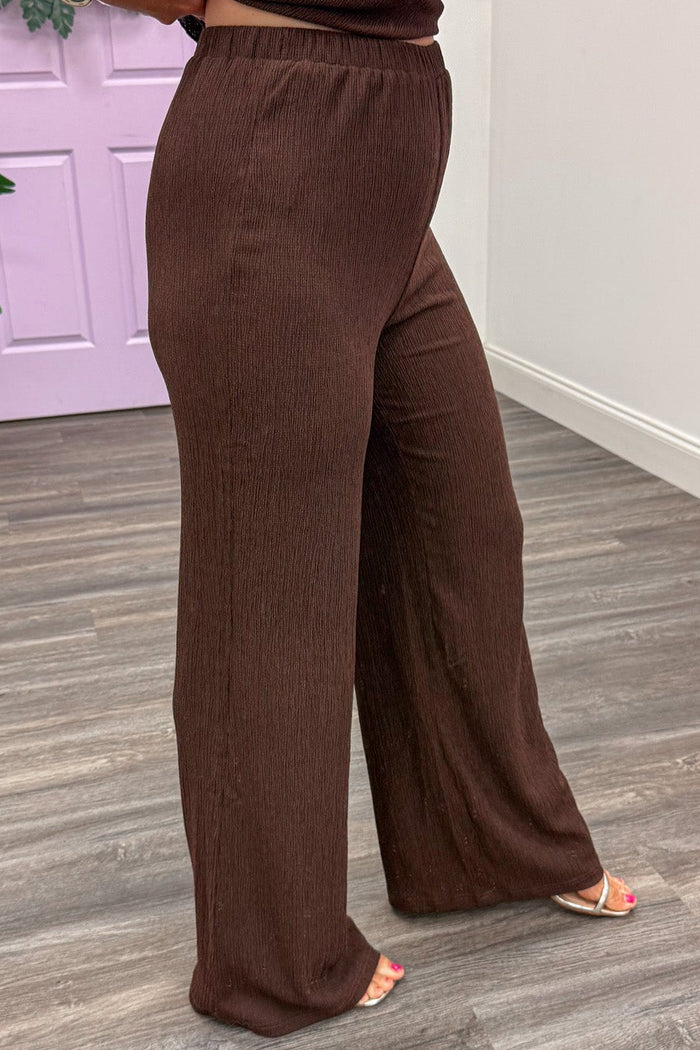 solid chocolate brown elastic waistband wide leg pants