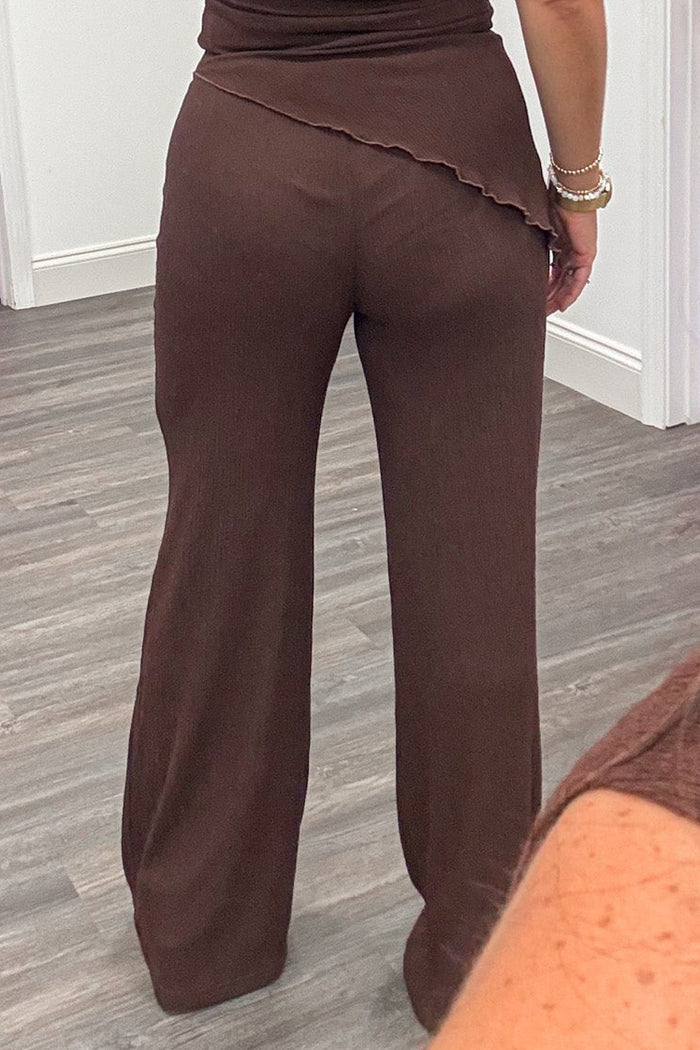 chocolate brown elastic waistband high waisted wide leg pants