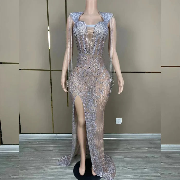 Sexy mesh see-through prom gown with a high split and shimmering silver fringe. Tia Valentine party dress.