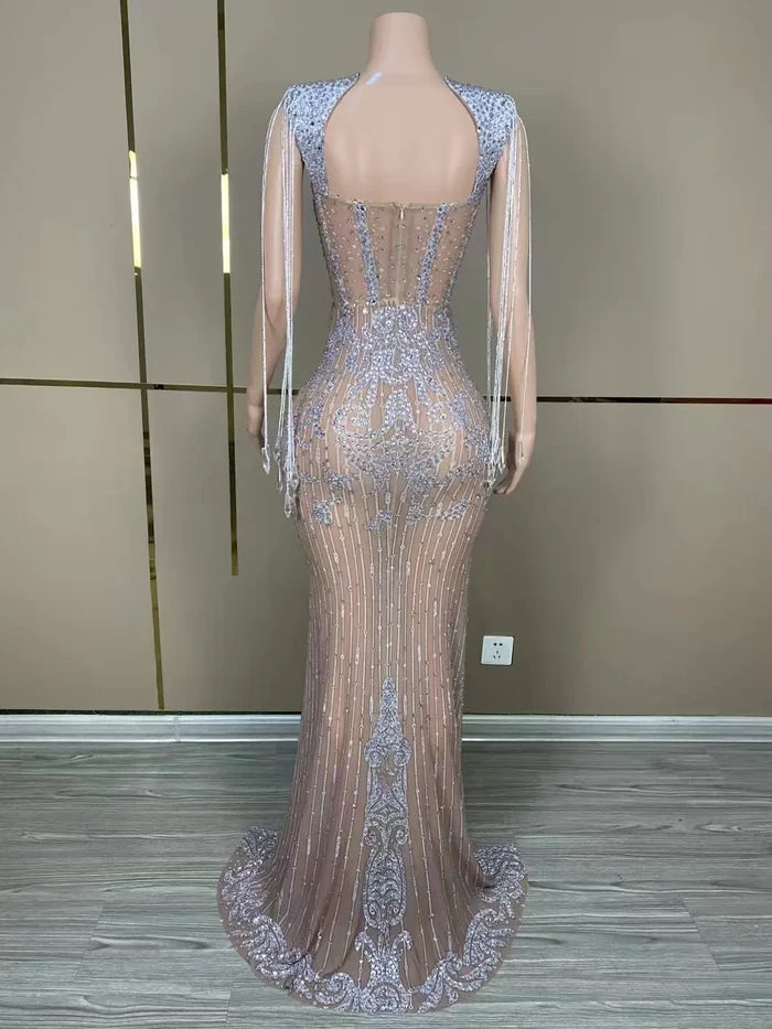 Sexy mesh see-through prom gown with a high split and shimmering silver fringe. Tia Valentine party dress.