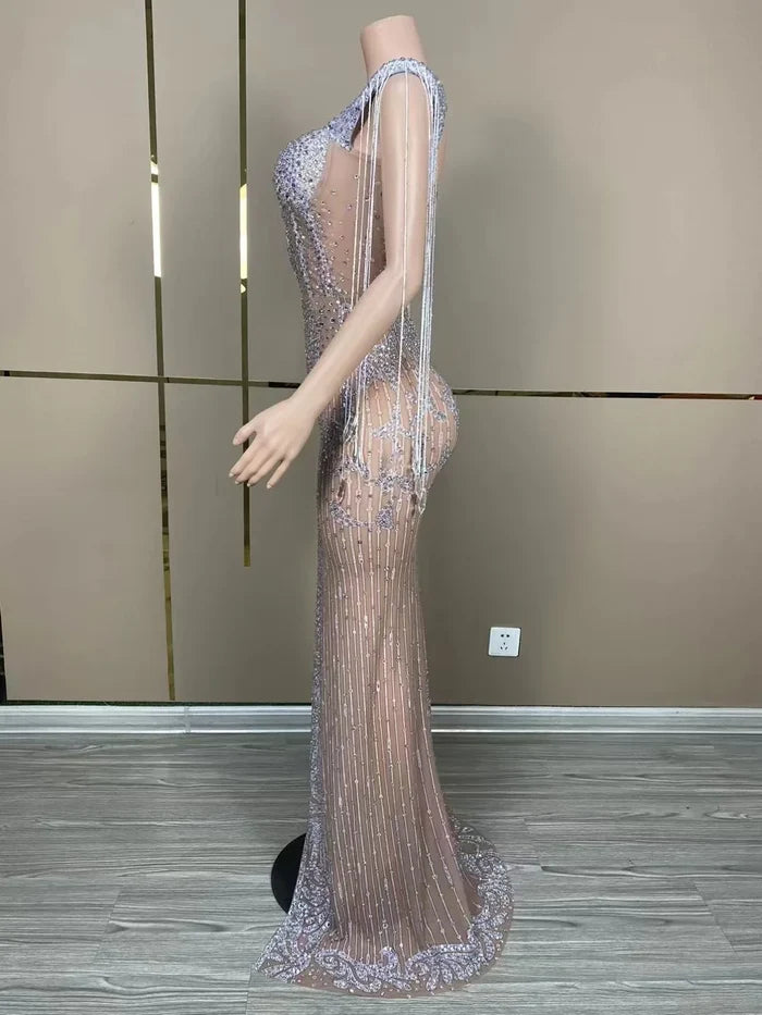 Sexy mesh see-through prom gown with a high split and shimmering silver fringe. Tia Valentine party dress.