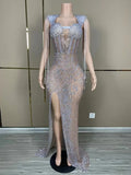 Sexy mesh see-through prom gown with a high split and shimmering silver fringe. Tia Valentine party dress.