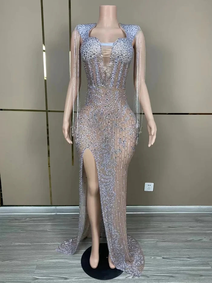 Sexy mesh see-through prom gown with a high split and shimmering silver fringe. Tia Valentine party dress.