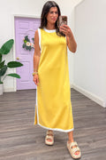 lemon yellow with white trim details sleeveless crew neckline midi dress