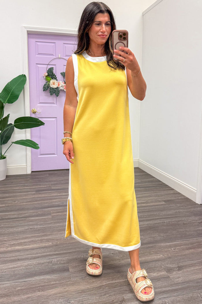lemon yellow with white trim details sleeveless crew neckline midi dress