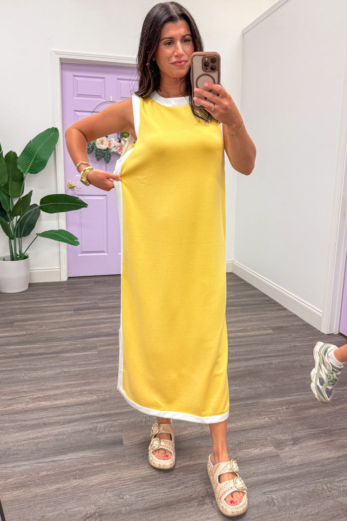 lemon yellow with white trim details sleeveless crew neckline relaxed silhouette midi dress