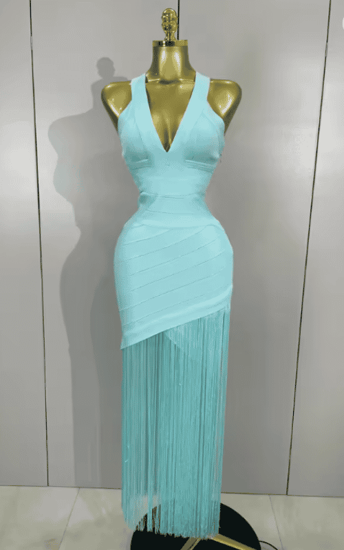Trisha elegant V-neck tassel bodycon bandage dress for women. Perfect for birthdays, club nights, and evening party celebrity-inspired looks.
