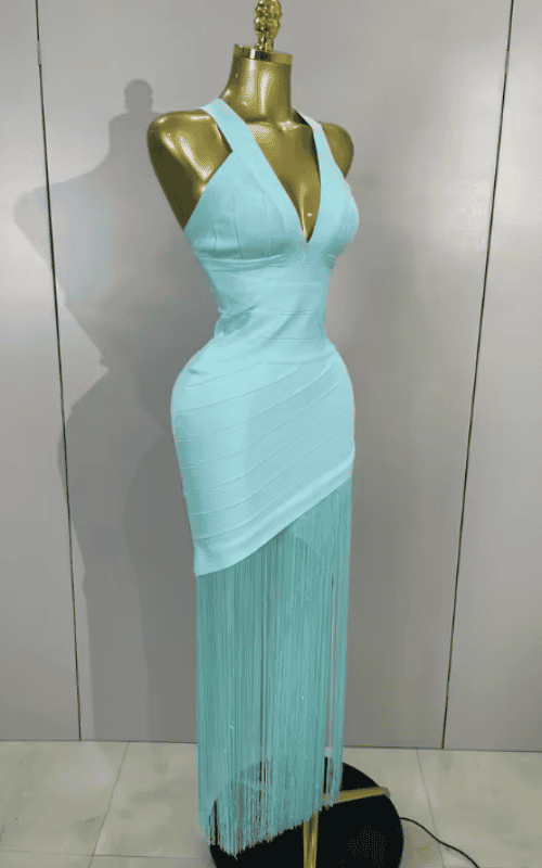 Trisha elegant V-neck tassel bodycon bandage dress for women. Perfect for birthdays, club nights, and evening party celebrity-inspired looks.