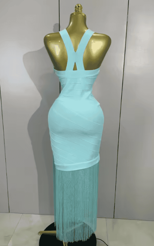 Trisha elegant V-neck tassel bodycon bandage dress for women. Perfect for birthdays, club nights, and evening party celebrity-inspired looks.