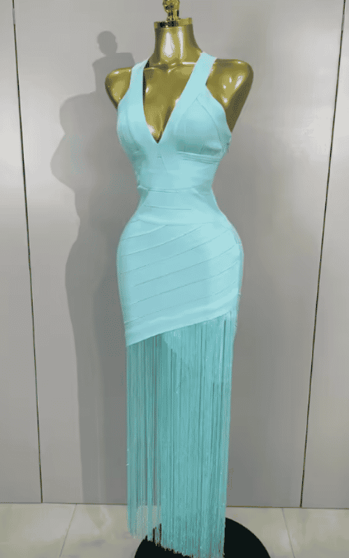 Trisha elegant V-neck tassel bodycon bandage dress for women. Perfect for birthdays, club nights, and evening party celebrity-inspired looks.