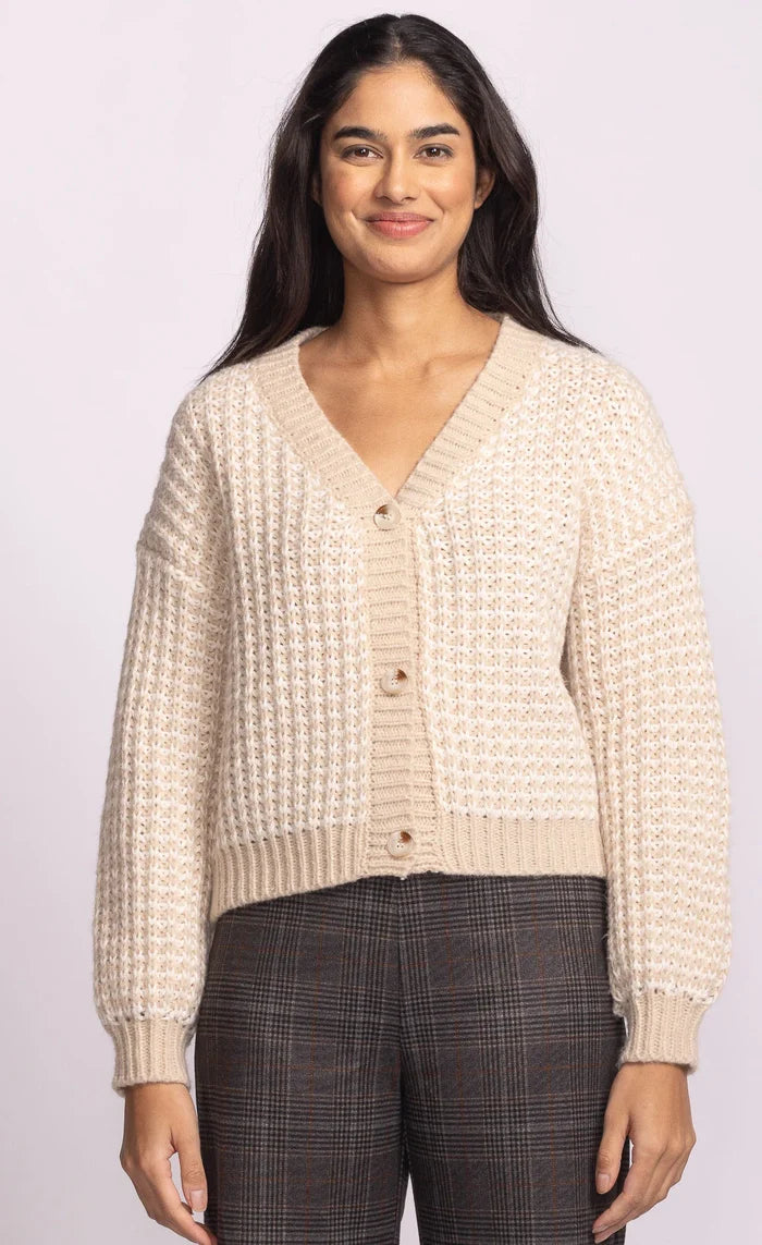cropped loose knit cardigan in beige and tan