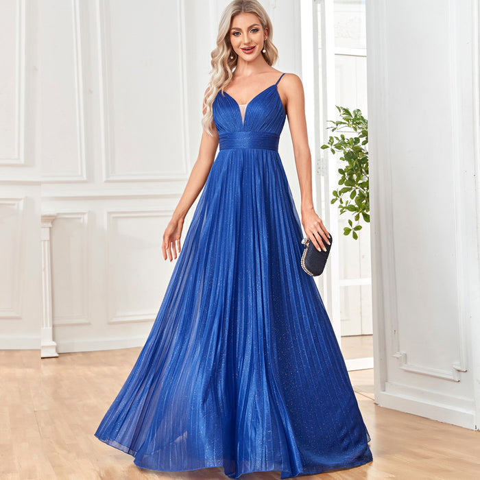 V-neck Pleated Formal Prom Gown Empire Waist Evening Dress with Spaghetti Strap - Rosymae