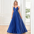 V-neck Pleated Formal Prom Gown Empire Waist Evening Dress with Spaghetti Strap - Rosymae