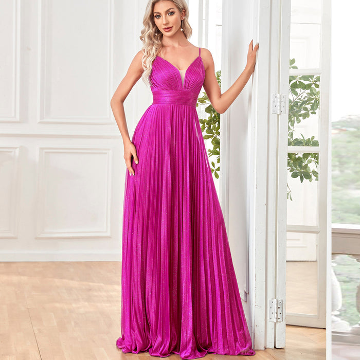 V-neck Pleated Formal Prom Gown Empire Waist Evening Dress with Spaghetti Strap - Rosymae