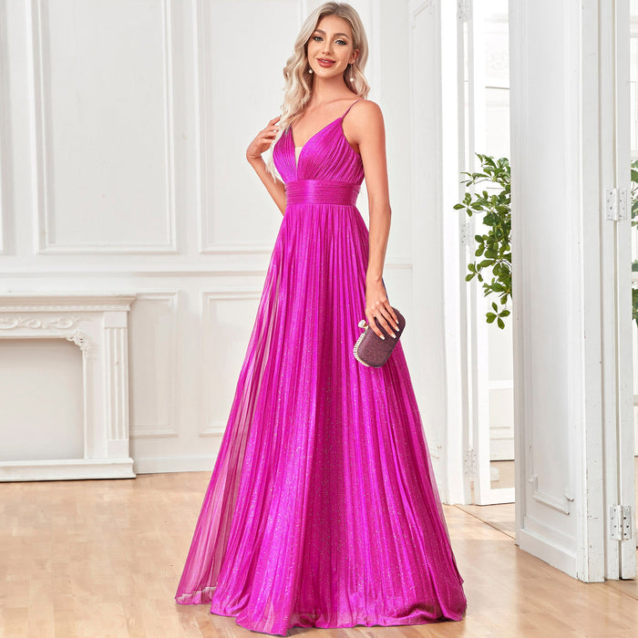 V-neck Pleated Formal Prom Gown Empire Waist Evening Dress with Spaghetti Strap - Rosymae