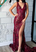 V-Neck Straps Burgundy Appliques Sidee Slit Prom Dress