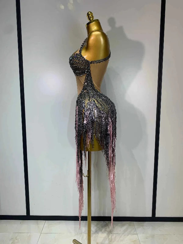 Sparkly Rhinestone Tassel Mesh See Through Dress Pole Dancer Singer Outfit Women Evening Party Club Stage Performance Outfit