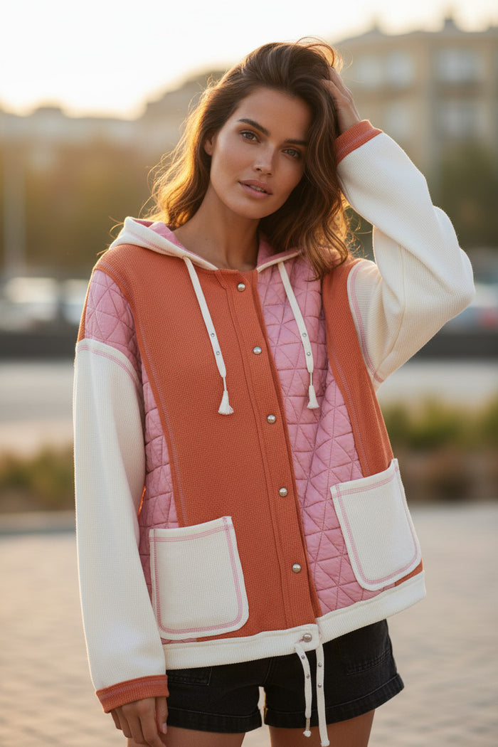 Veste à capuche coupe ample matelassée texturée corail