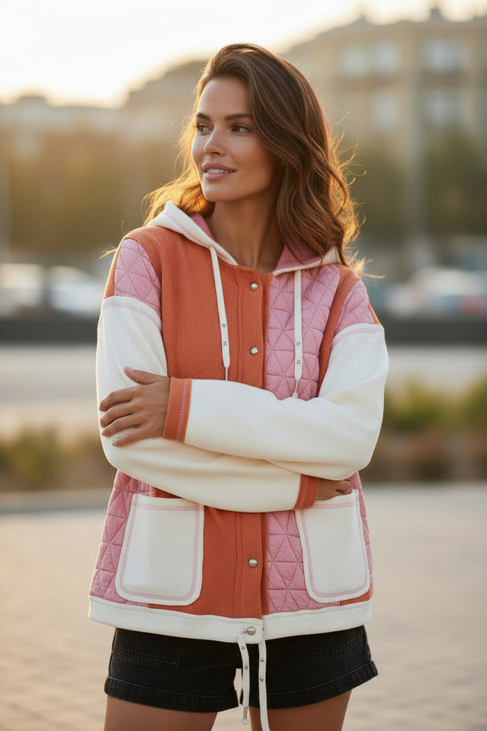 Veste à capuche coupe ample matelassée texturée corail