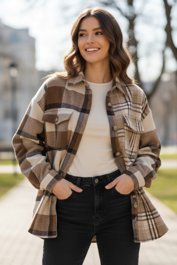 Veste à carreaux en flanelle beige français clair avec poche à double rabat