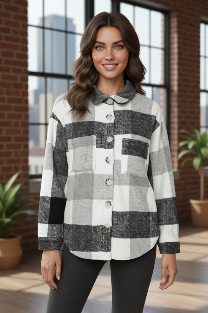 Veste à manches longues boutonnée à carreaux gris avec poche