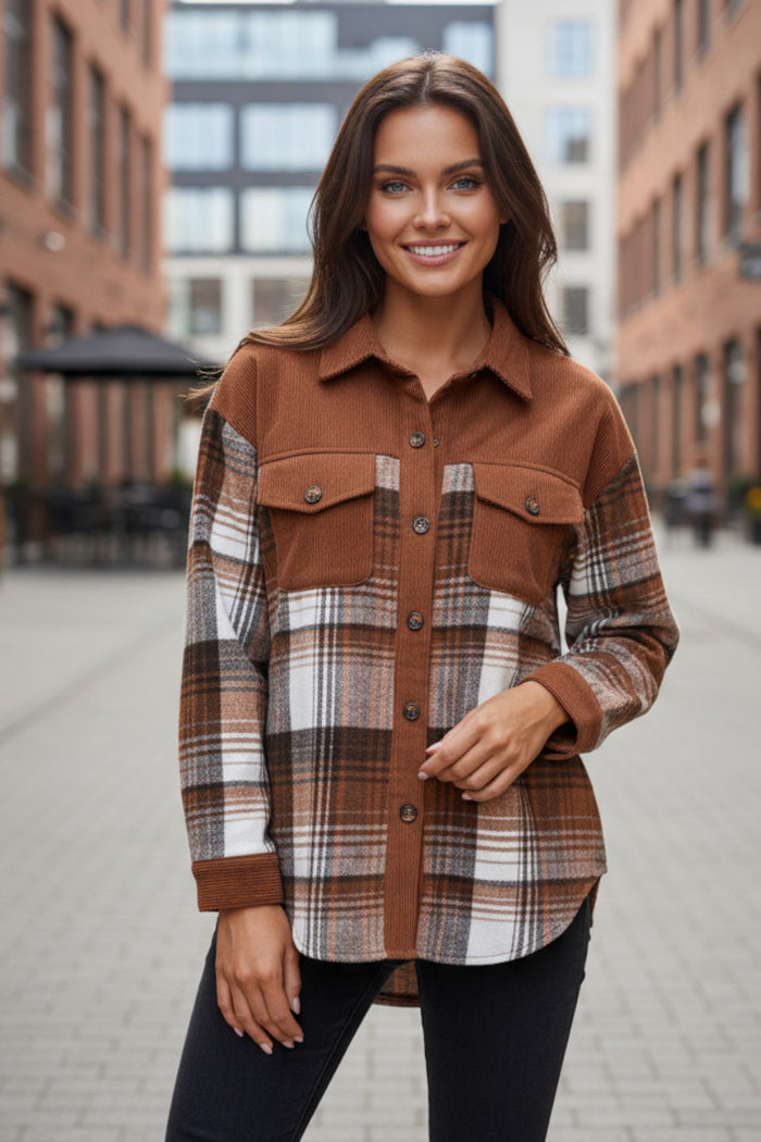 Veste à poche poitrine en velours côtelé à carreaux cannelle