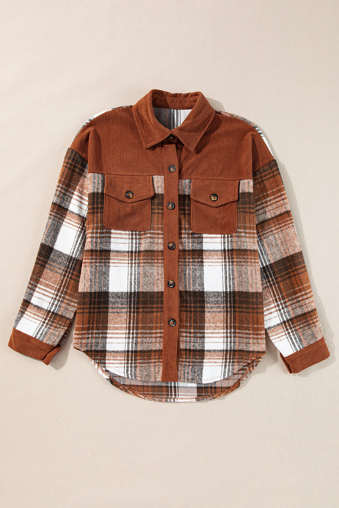 Veste à poche poitrine en velours côtelé à carreaux cannelle