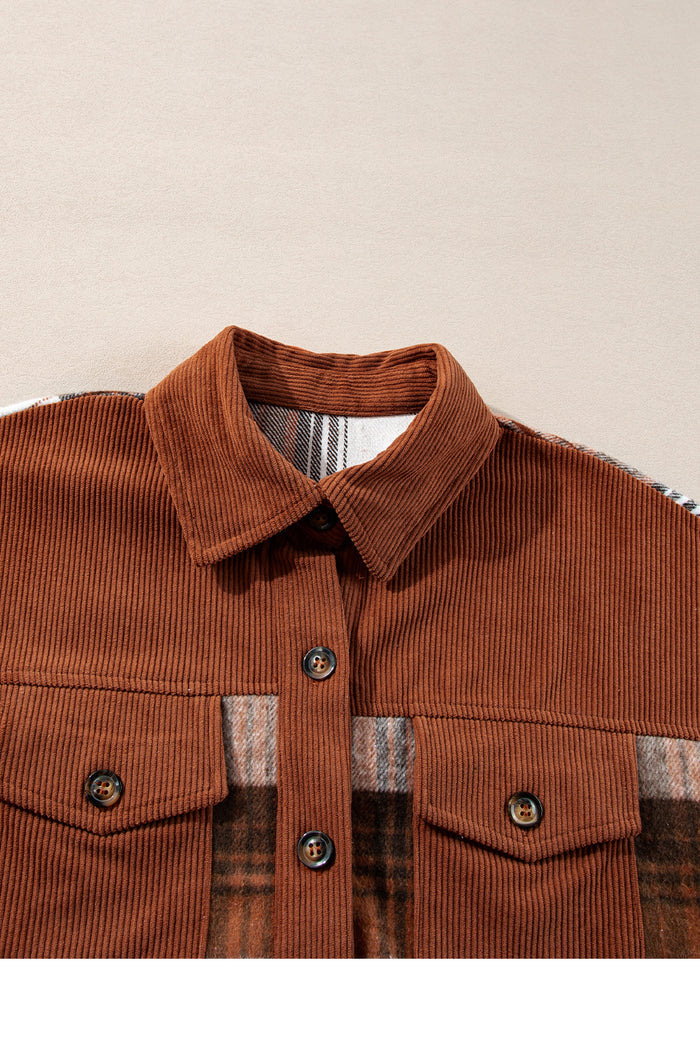 Veste à poche poitrine en velours côtelé à carreaux cannelle